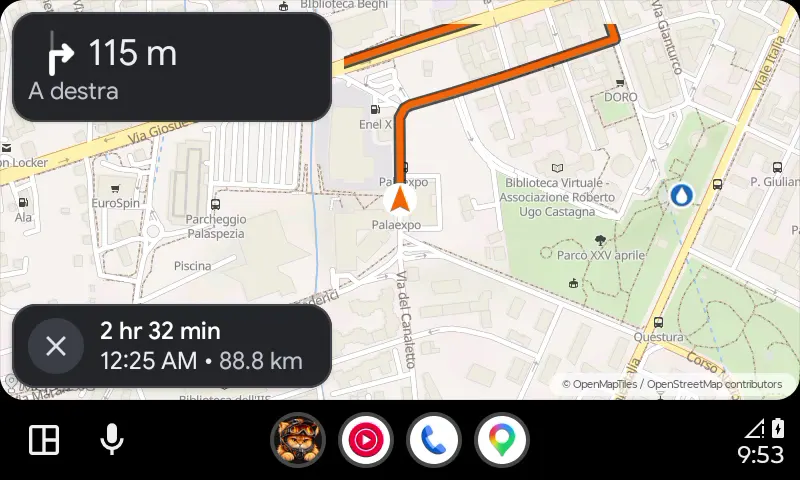 Polly Track on Android Auto: offline map with the orange route, next turn in 115 m, arrival in 2 hr 32 min at 9:11 PM, 88.8 km.
