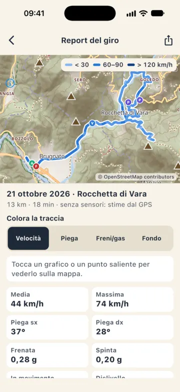 Report di un giro registrato in Val di Vara: 13 km in 18 min, media 44 km/h, massima 74, traccia colorata per velocità.