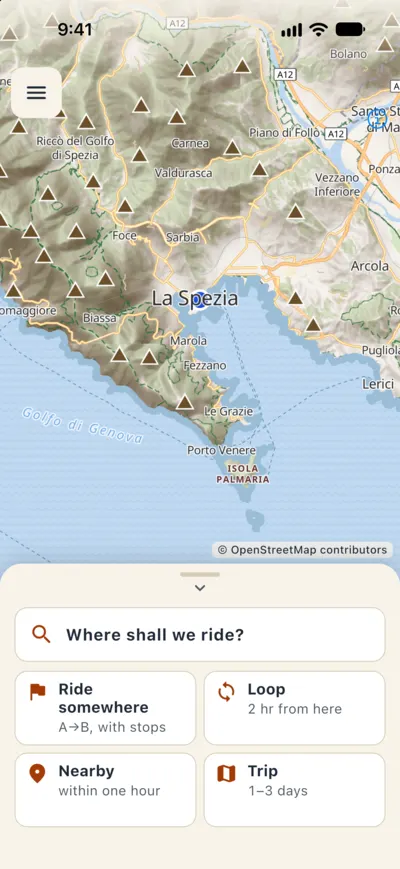 Home screen: Where shall we ride? with Ride somewhere, Loop, Nearby and Trip.
