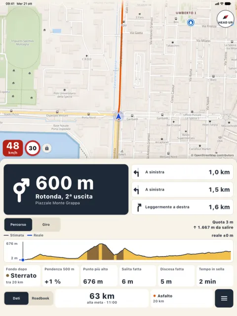 iPad Pro in portrait (Italian interface): map above, panel with turn, next three turns, profile and figures below.