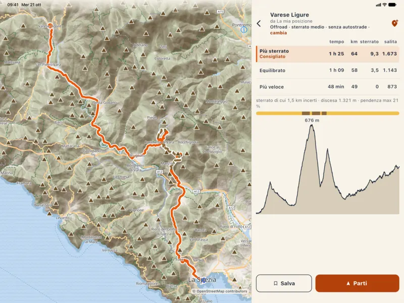 On iPad (Italian interface): the route to Varese Ligure on the map and, on the right, the table with time, km, dirt and climb and the elevation profile.