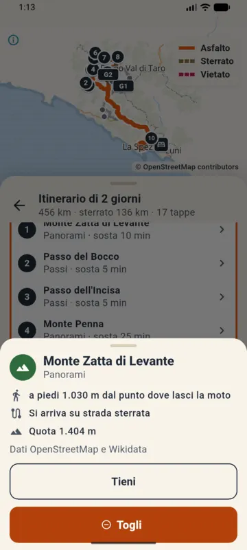 A stop card (Italian interface): 1,030 m walk from where you leave the bike, reached on dirt, altitude 1,404 m, buttons Keep and Remove.