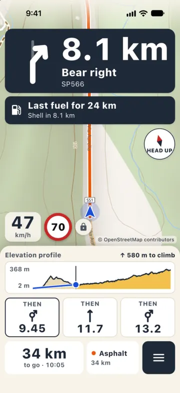 Riding on the SP566, under the "Bear right" turn in 8.1 km: the box "Last fuel for 24 km · Shell in 8.1 km", at 47 km/h with a 70 limit.