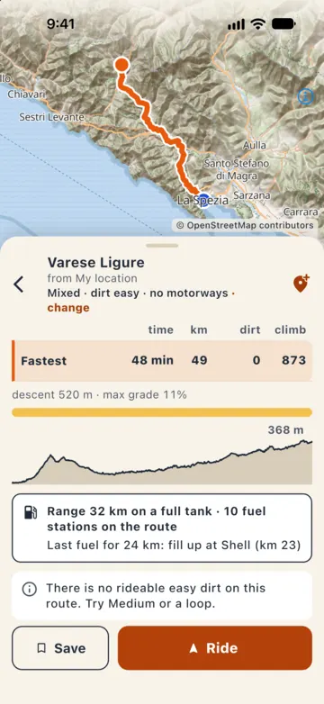 Route summary to Varese Ligure, Mixed · dirt easy: "Range 32 km on a full tank · 10 fuel stations on the route" and "Last fuel for 24 km: fill up at Shell (km 23)".