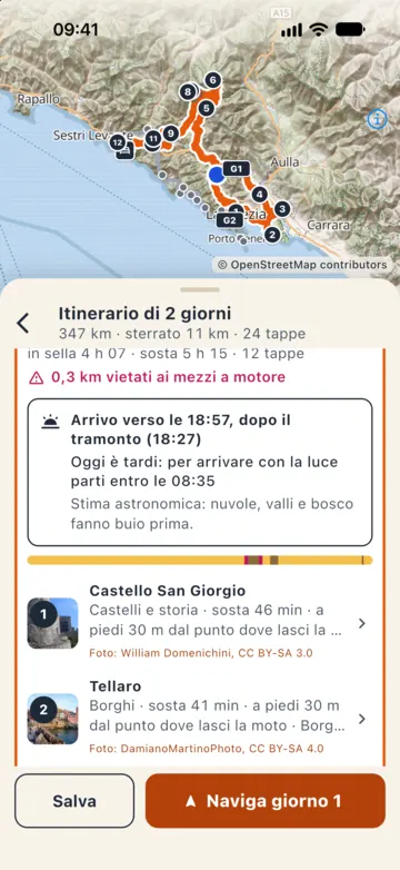 Itinerario di 2 giorni, 347 km di cui 11 sterrati, 24 tappe: arrivo verso le 18:57, dopo il tramonto delle 18:27, «Oggi è tardi: per arrivare con la luce parti entro le 08:35» e la nota sulla stima astronomica.
