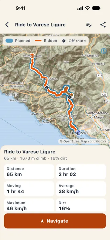 Ride to Varese Ligure: the planned line is a blue band under the orange track you rode, with two numbered diamonds where you left the route.