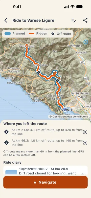 Where you left the route: km, distance off route and how far from the line for each one, with a note on GPS error.