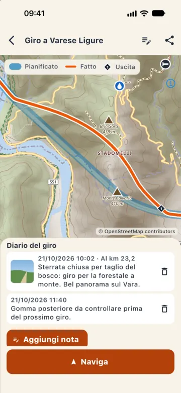 Diario del giro a Varese Ligure: nota con foto al km 23,2 su una sterrata chiusa per taglio del bosco e una nota sulla gomma posteriore da controllare.