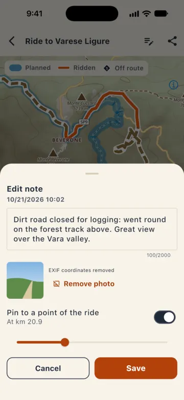 Editing a note: text, photo with EXIF location removed and "Pin to a point of the ride".