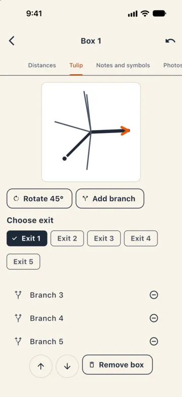 Box 1, Tulip tab: junction with the exit in orange, "Rotate 45°", "Add branch", exit choice and branches you can remove.