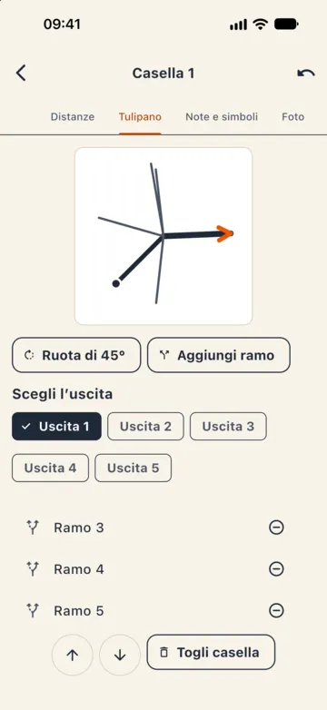 Editor, Casella 1, scheda Tulipano: incrocio con l'uscita in arancio, Ruota di 45 gradi, Aggiungi ramo, scelta dell'uscita e rami da togliere.