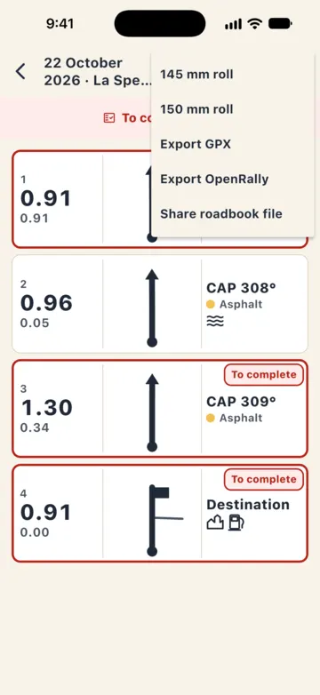 Editor export menu: 145 mm roll, 150 mm roll, Export GPX, Export OpenRally, Share roadbook file.
