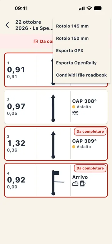 Menu di esportazione dell'editor: Rotolo 145 mm, Rotolo 150 mm, Esporta GPX, Esporta OpenRally e Condividi file roadbook.