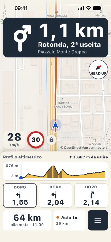 Guida verso Varese Ligure a 28 km/h con limite 30: rotonda tra 1,1 km e sotto la mappa il profilo altimetrico con 1.667 metri ancora da salire.