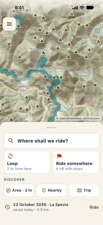 Map with the My roads layer on: the roads already ridden in Val di Vara, around Rocchetta di Vara, Brugnato and Borghetto di Vara, are coloured teal.
