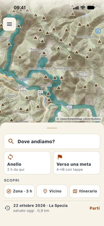 Mappa con il livello Le mie strade acceso: le strade già percorse in Val di Vara, tra Rocchetta di Vara, Brugnato e Borghetto di Vara, sono colorate in verde acqua.