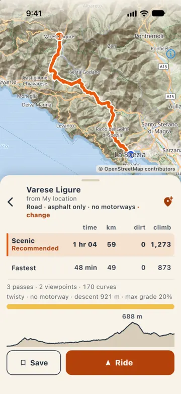 Routes to Varese Ligure on Road, asphalt only and no motorways: Scenic recommended, 1 hr 04, 59 km, 1,273 m of climb, with 3 passes, 2 viewpoints and 170 curves; below it Fastest, 48 minutes.