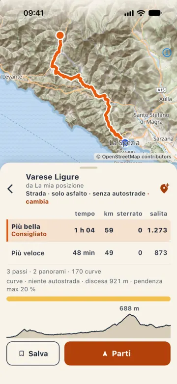 Percorsi verso Varese Ligure con fondo Strada, solo asfalto e senza autostrade: Più bella consigliata, 1 h 04, 59 km, 1.273 m di salita, con 3 passi, 2 panorami e 170 curve; sotto Più veloce, 48 minuti.
