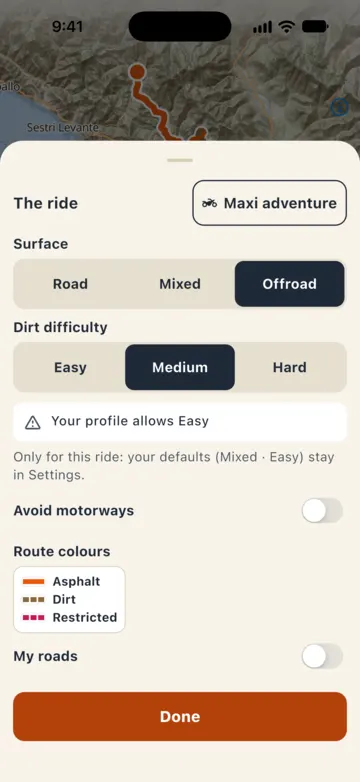 Ride sheet with the Maxi adventure profile, Offroad surface and Medium difficulty: warning "Your profile allows Easy".