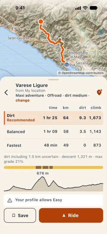 Results to Varese Ligure with Maxi adventure · Offroad · dirt medium: "Dirt" recommended, 1 hr 25, 64 km, and below the warning "Your profile allows Easy".