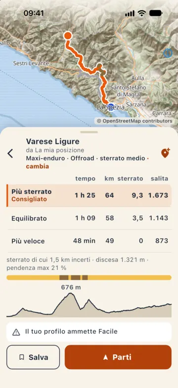 Risultati verso Varese Ligure con Maxi-enduro · Offroad · sterrato medio: «Più sterrato» consigliato, 1 h 25, 64 km, e sotto l'avviso «Il tuo profilo ammette Facile».