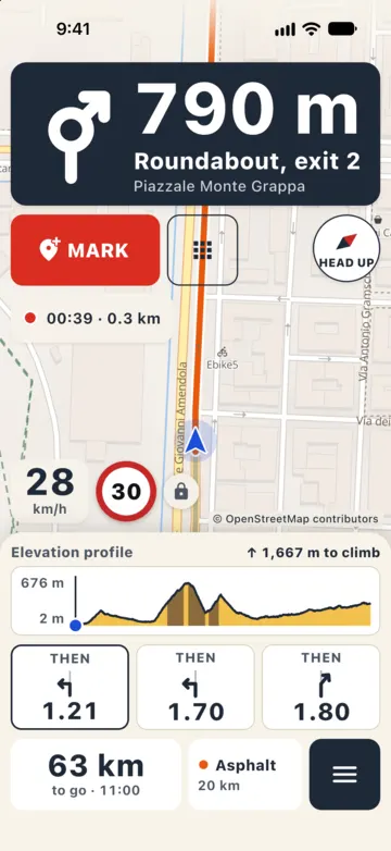 Navigating with recording on: red "MARK" button and the mark-type button, timer 00:39 and 0.3 km recorded.