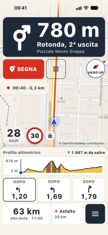 Guida verso Piazzale Monte Grappa con la registrazione accesa: rotonda seconda uscita tra 780 metri, pulsante rosso SEGNA, 00:40 e 0,3 km registrati, 28 km/h con limite 30.