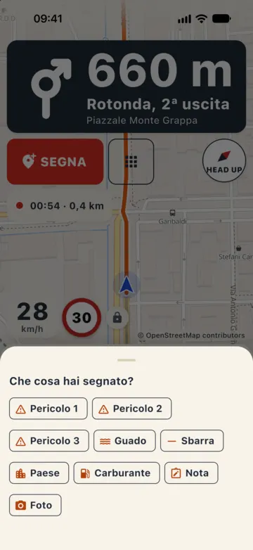 Finestra Che cosa hai segnato?: Pericolo 1, Pericolo 2, Pericolo 3, Guado, Sbarra, Paese, Carburante, Nota e Foto.