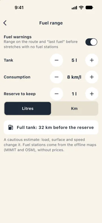Settings › Fuel range: fuel warnings on, 5 l tank, 8 km/l consumption, 1 l reserve; 32 km on a full tank before the reserve.