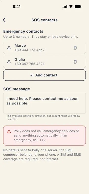 SOS contacts: two sample contacts, Add contact, the SOS message and the note that Polly does not call emergency services or send anything automatically.