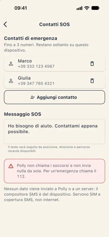 Contatti SOS: due contatti di esempio, Aggiungi contatto, il messaggio SOS e l'avviso che Polly non chiama i soccorsi e non invia nulla da sola.