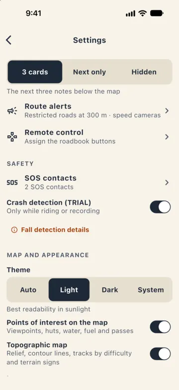 Settings, Safety section: SOS contacts with 2 contacts and the Crash detection (TRIAL) switch on, only while riding or recording.