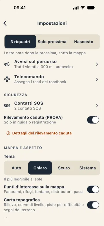 Impostazioni, sezione Sicurezza: Contatti SOS con 2 contatti e l'interruttore Rilevamento caduta (PROVA) acceso, solo in guida o registrazione.