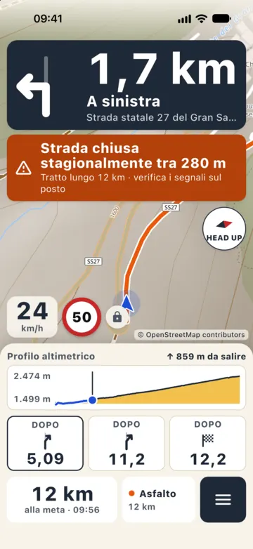 Guida sulla statale 27 del Gran San Bernardo: banner arancio, strada chiusa stagionalmente tra 280 metri, tratto lungo 12 km, verifica i segnali sul posto.