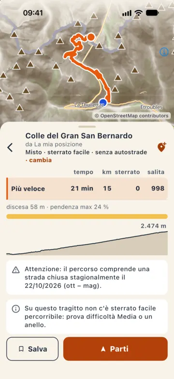 Riepilogo verso il Colle del Gran San Bernardo, 21 minuti e 15 km: il percorso comprende una strada chiusa stagionalmente il 22/10/2026, da ottobre a maggio.