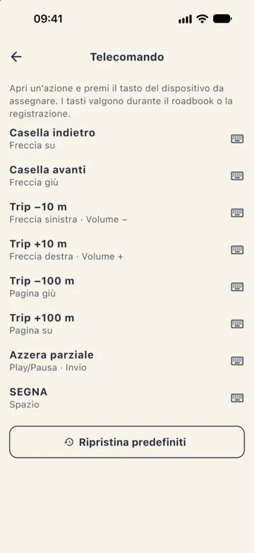 Impostazioni › Telecomando: casella indietro e avanti, trip ±10 e ±100 m, azzera parziale e SEGNA, ciascuno con il tasto assegnato (frecce, volume, pagina su e giù, Play/Pausa, Invio, Spazio).