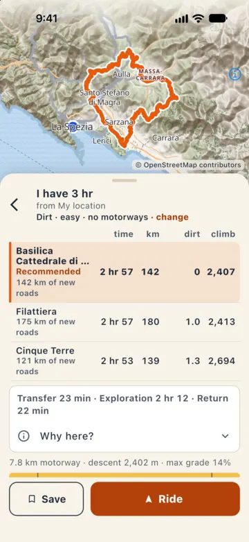 Results for I have 3 hr: three areas with time, distance, dirt and climb, the first recommended with 142 km of new roads; below Transfer 23 min, Exploration 2 hr 12, Return 22 min and Why here?