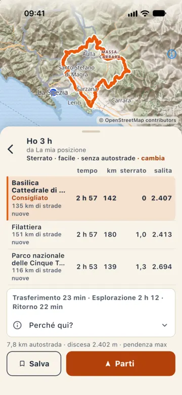 Risultati di Ho 3 h: tre zone con tempo, km, sterrato e salita, la prima consigliata con 135 km di strade nuove; sotto Trasferimento 23 min, Esplorazione 2 h 12, Ritorno 22 min e Perché qui?