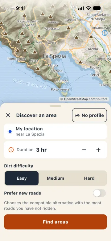Discover an area form: My location near La Spezia, duration 3 hr, dirt difficulty Easy, Prefer new roads and the Find areas button.