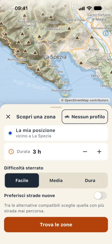 Modulo Scopri una zona: La mia posizione vicino a La Spezia, durata 3 ore, difficoltà sterrato Facile, Preferisci strade nuove e il pulsante Trova le zone.