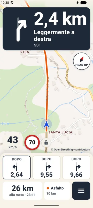 Navigazione Sella di giorno: svolta a 2,4 km, velocità, limite 70, roadbook con tre riquadri.