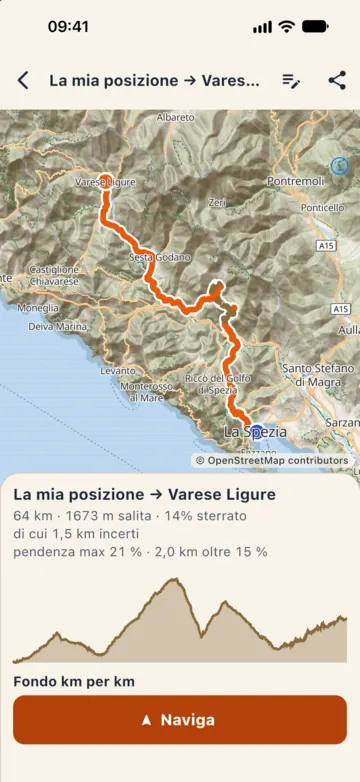 Dettaglio della traccia La mia posizione → Varese Ligure: mappa, 64 km, 1.673 m di salita, 14% sterrato, pendenza massima 21%, profilo e pulsante Naviga.