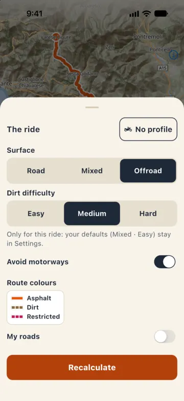 "The ride" sheet: surface Offroad, difficulty Medium, avoid motorways, note that the defaults stay in Settings, Recalculate button.