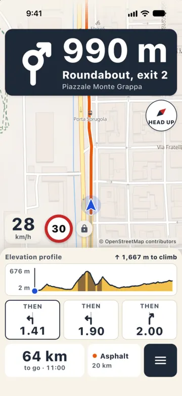 Riding in town: roundabout, exit 2, in 200 m, 72 km/h in red on a 50 limit, three cards with the next turns, 63 km to go.