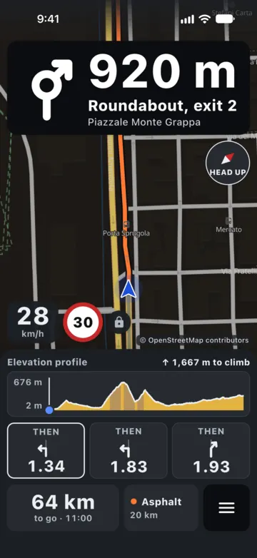 Navigating at night with dark colours: roundabout in 920 m, 28 km/h with a 30 limit, elevation profile and next turns.