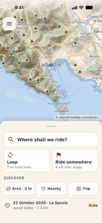 Home screen: map of Liguria and, at the bottom, "Where shall we ride?" with Ride somewhere, Loop, Nearby and Trip.