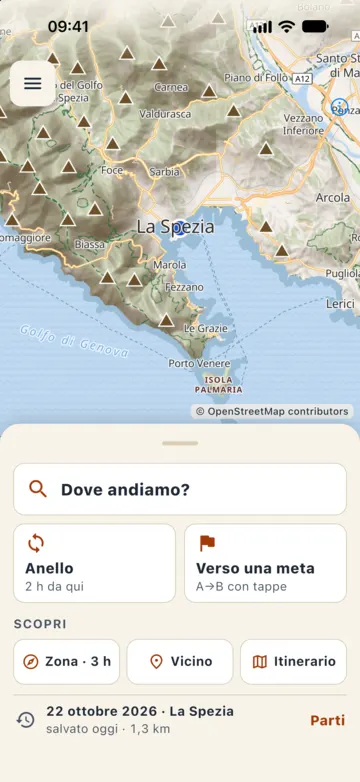 Schermata iniziale: mappa della Liguria e, in basso, «Dove andiamo?» con Verso una meta, Anello, Vicino e Itinerario.