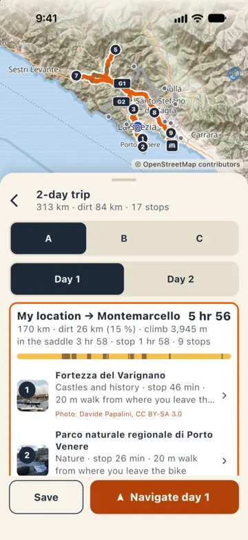 2-day trip: 313 km, 84 km of dirt, 17 stops; day 1 to Montemarcello starts at Fortezza del Varignano.