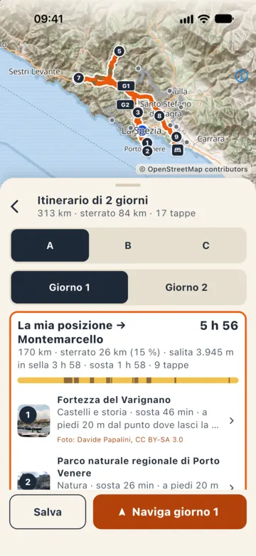 Itinerario di 2 giorni, 274 km di cui 66 sterrati, 17 tappe: Giorno 1 fino a Sarzana, 129 km, 3 h 14 in sella, 1 h 35 di soste, 8 tappe tra cui il Santuario di Nostra Signora di Montenero e il Passo del Bracco.