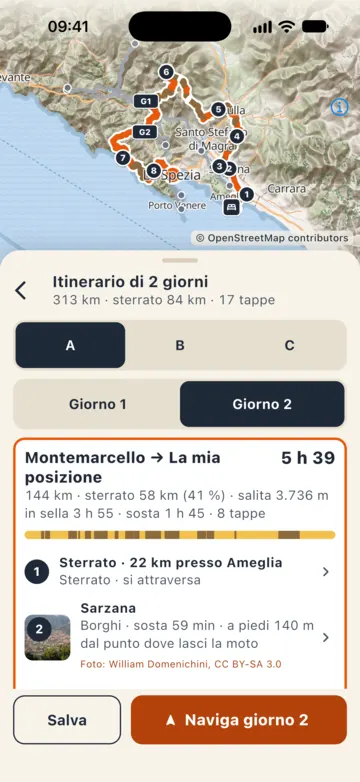 Giorno 2 da Sarzana alla partenza: 144 km, 3 h 37 in sella, 9 tappe.
